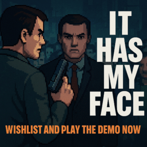 A man in a suit holding a gun, looking at a copy of himself from the game "It Has My Face"