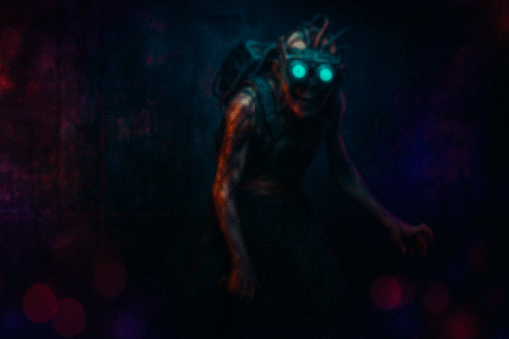 An enemy Night Hunter from The Outlast Trials seen through blurry, bloody vision.