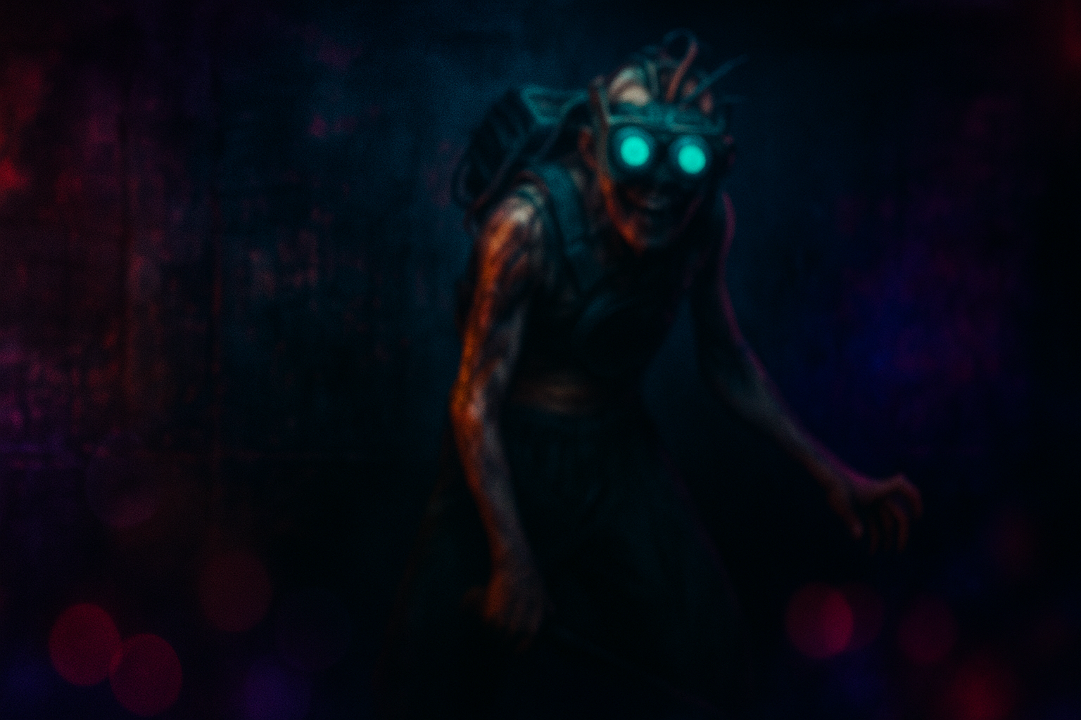 An enemy Night Hunter from The Outlast Trials seen through blurry, bloody vision.
