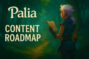 A character from Palia standing in a forest, looking at a road, holding a piece of paper, and the words "Content Roadmap" on the picture.