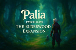 A male Palia character looking down the road in a forest for Palia Patch 0.191 - The Elderwood Expansion.
