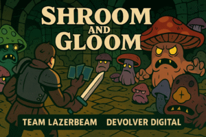 A man with two arms, one holding cards, the other holding a sword, and he's fighting mushrooms in a deck-building game called "Shroom and Gloom"