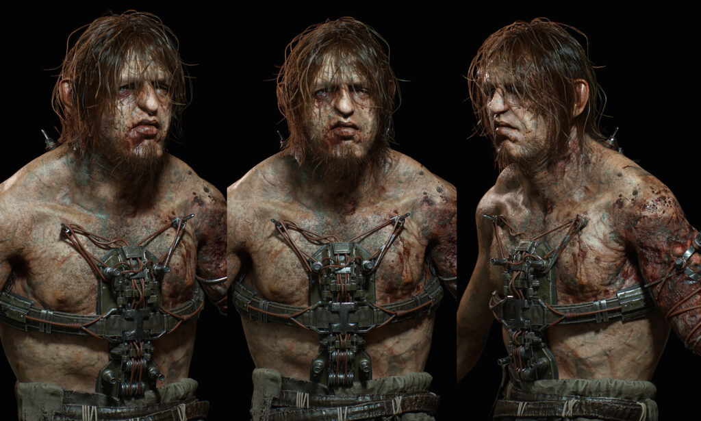 A monstrous, muscular humanoid figure stands in a dimly lit corridor, wearing torn overalls and heavy restraints, with a deformed face and blank, childlike expression.