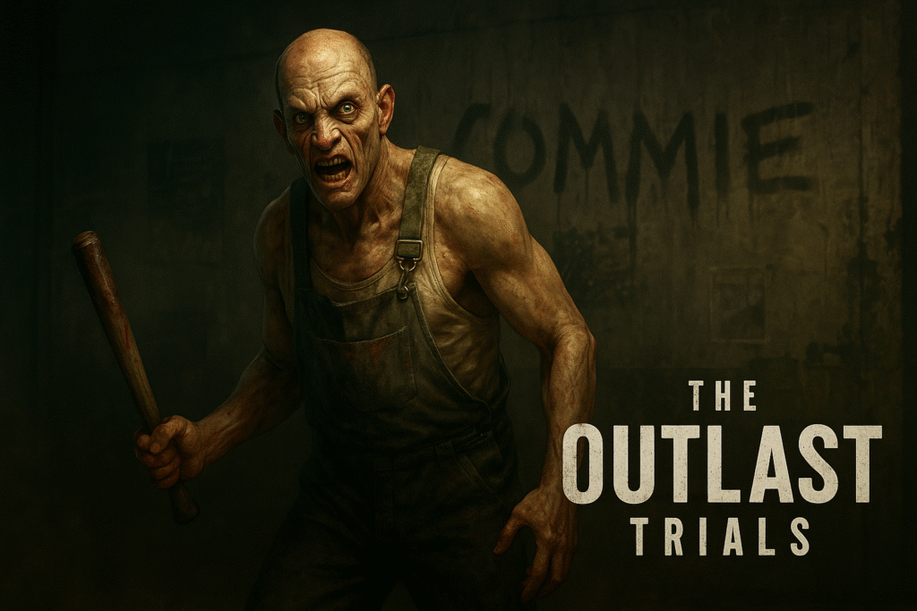 A bald, muscular man in grimy overalls wielding a bloodstained bat, snarling aggressively in a dark, industrial setting. The Outlast Trials logo appears on the right.