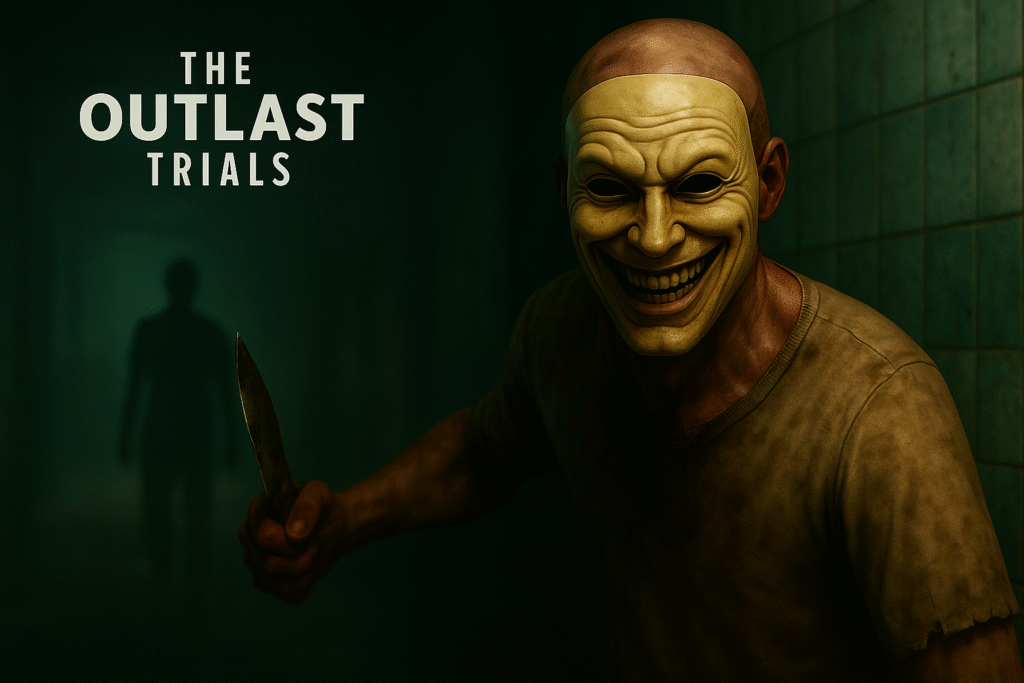 A hooded figure wearing a distorted latex mask stalks through a dimly lit, blood-smeared hallway in The Outlast Trials, gripping a sharpened shard of glass as a weapon.