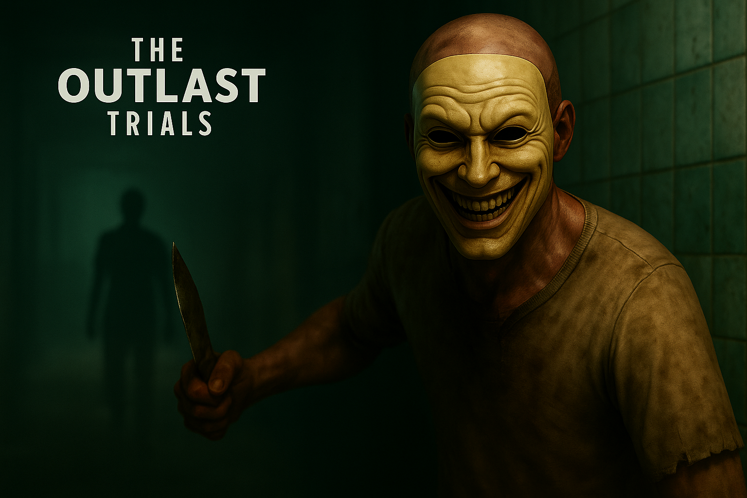 A hooded figure wearing a distorted latex mask stalks through a dimly lit, blood-smeared hallway in The Outlast Trials, gripping a sharpened shard of glass as a weapon.