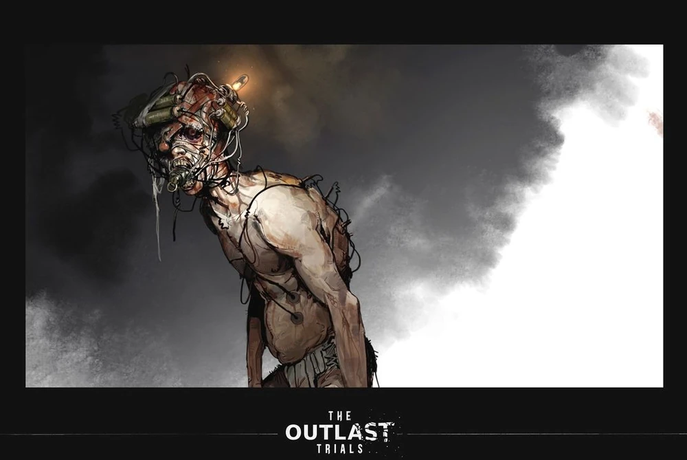 Concept illustration of the Scapegoat character design, featuring restraints, makeshift armor, and medical scars.”